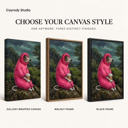 Coffee dog canvas art compared across gallery-wrapped canvas, walnut frame, and black frame finishes.