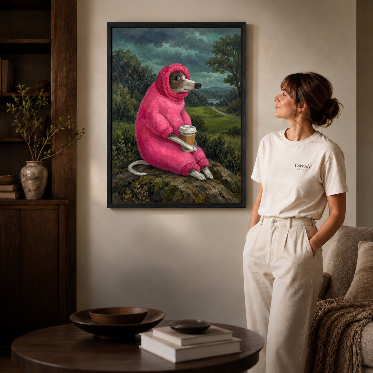 Coffee dog canvas art shown in the black frame option against a softly lit wall.