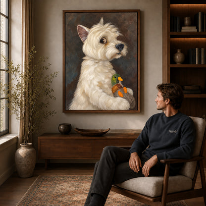 Terrier canvas art in a walnut frame above a console beside a seated man.