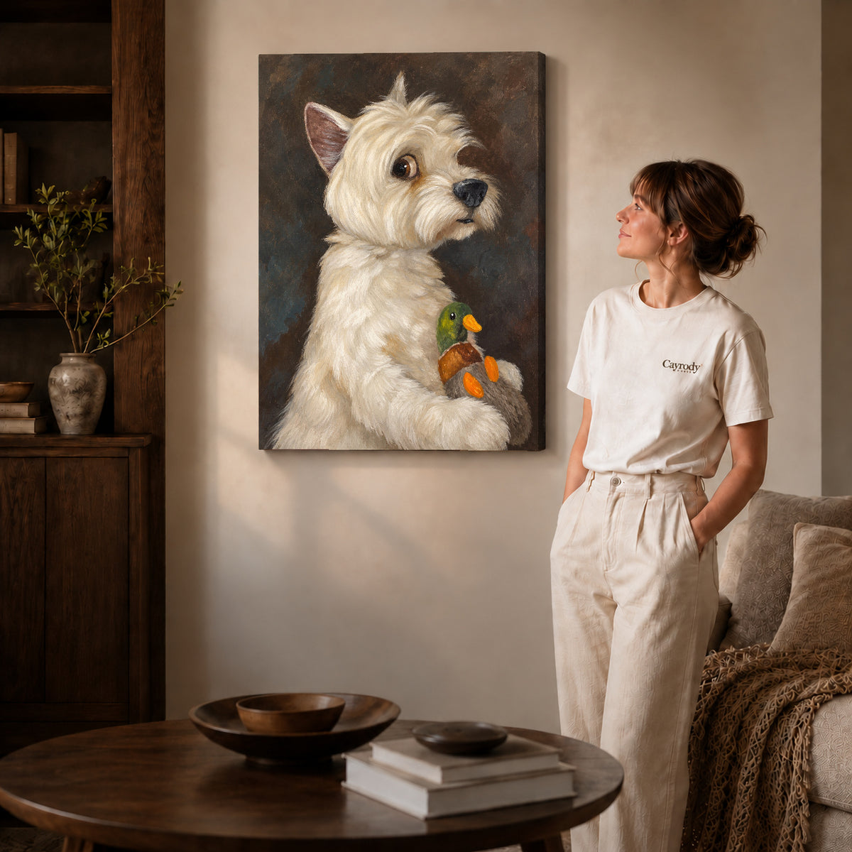 Terrier canvas art on gallery-wrapped canvas with natural edge shading beside a standing woman.
