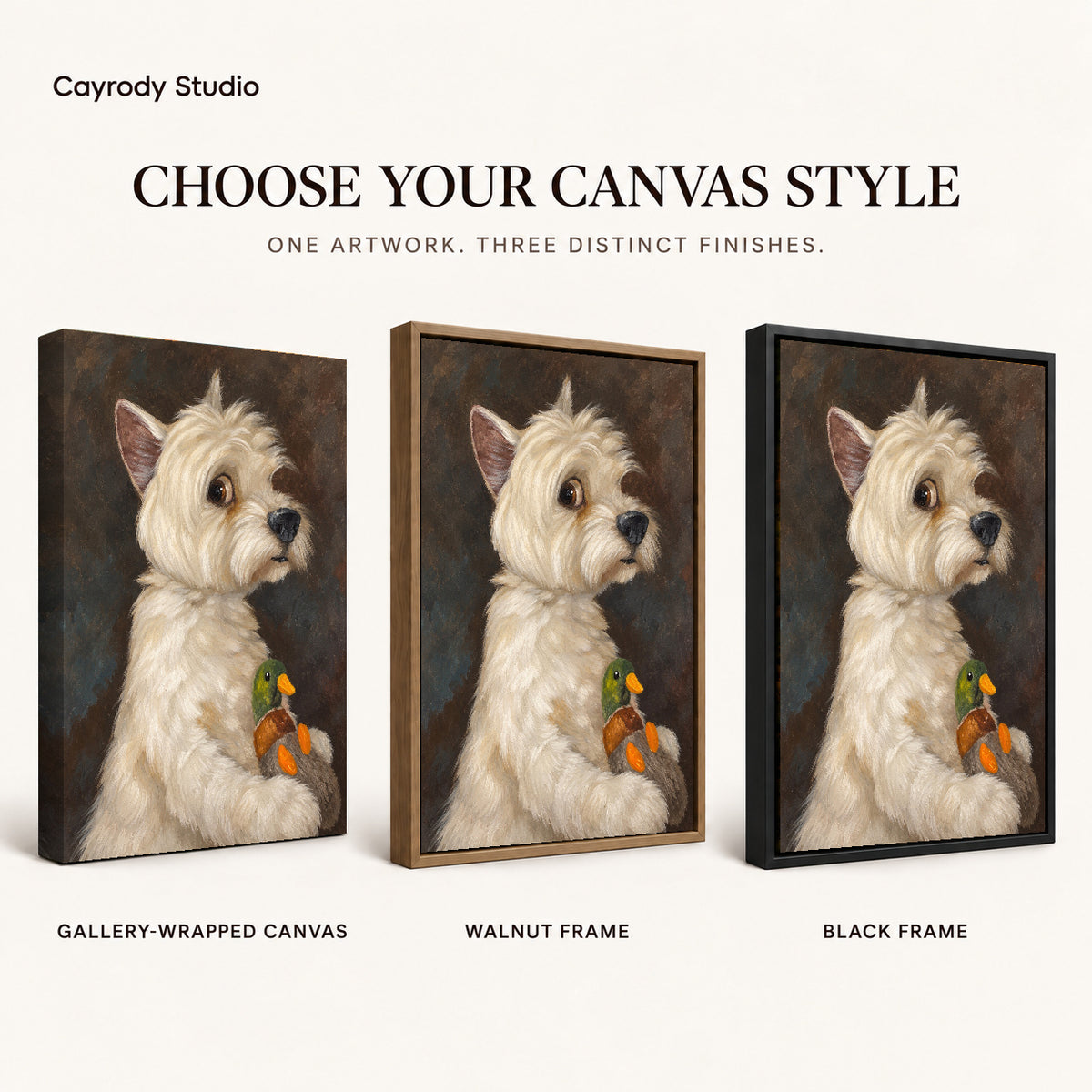 Terrier canvas art compared across gallery-wrapped canvas, walnut frame, and black frame finishes.