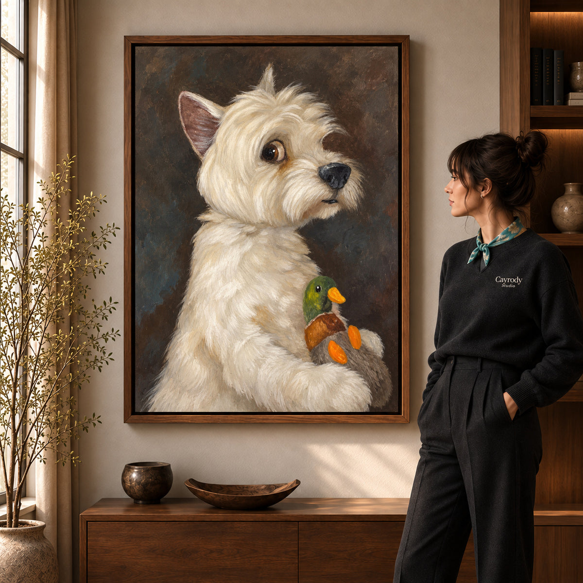 Terrier canvas art shown in the walnut frame option within a warm living room.