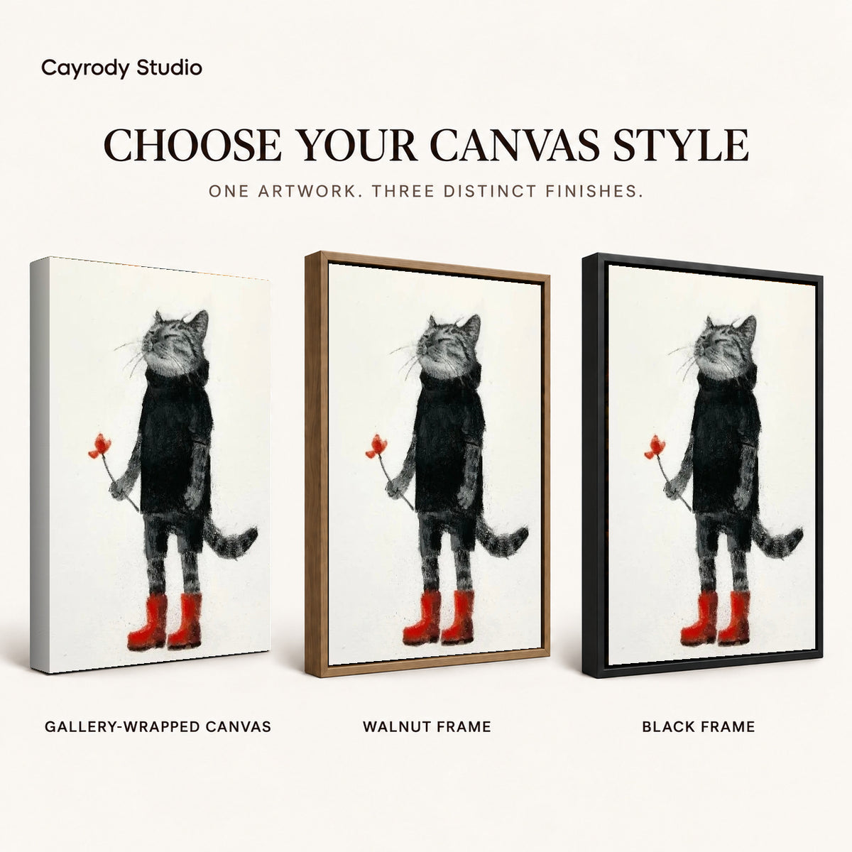 Cat red boots canvas art compared across gallery-wrapped canvas, walnut frame, and black frame finishes.