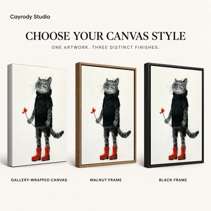 Cat red boots canvas art compared across gallery-wrapped canvas, walnut frame, and black frame finishes.