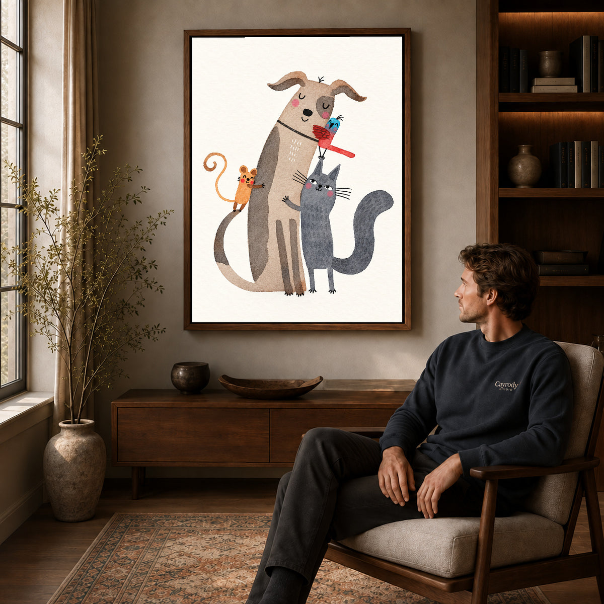 Animal friends canvas art in a walnut frame above a console beside a seated man.