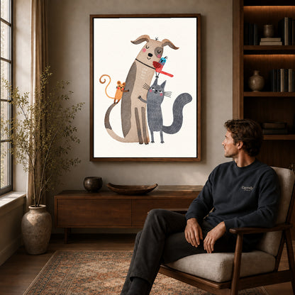 Animal friends canvas art in a walnut frame above a console beside a seated man.