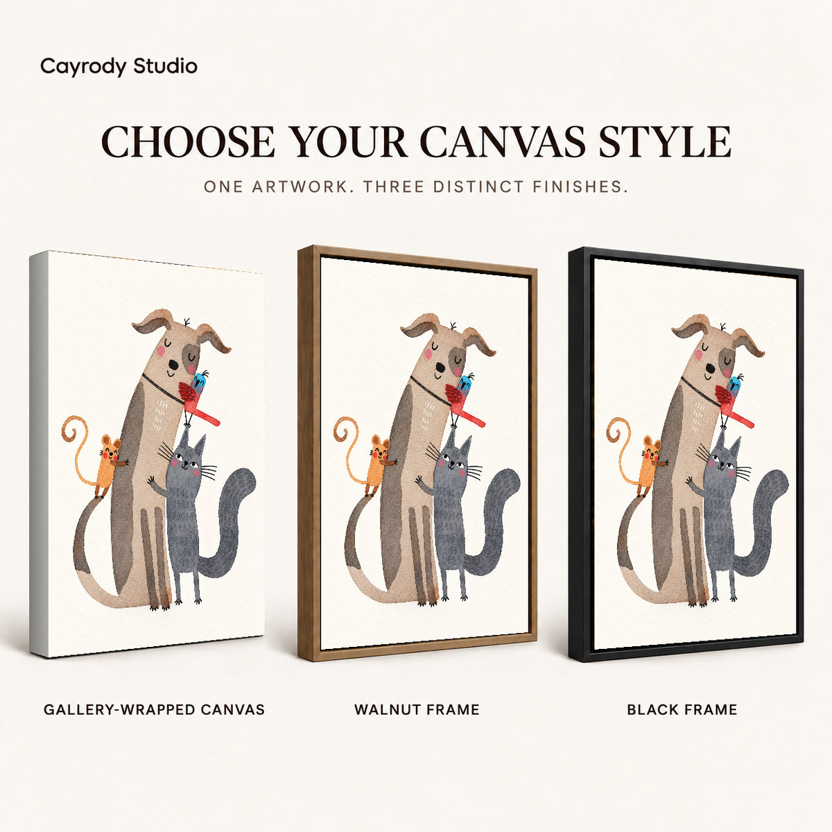 Animal friends canvas art compared across gallery-wrapped canvas, walnut frame, and black frame finishes.