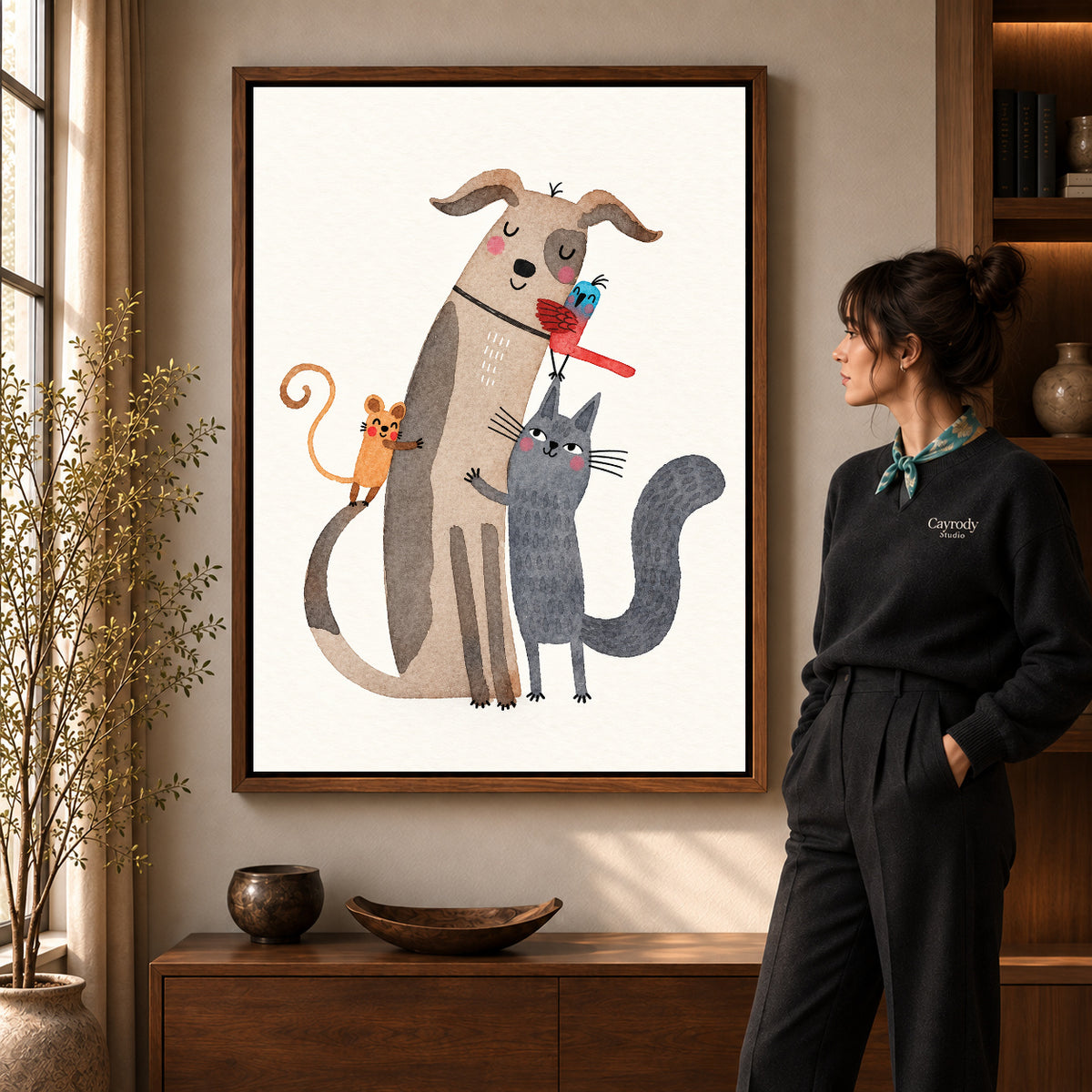 Animal friends canvas art shown in the walnut frame option within a warm living room.