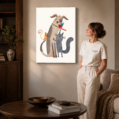 Animal friends canvas art shown in the gallery-wrapped option with visible depth and warm surroundings.