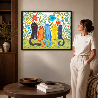 Garden cats canvas art in a black frame beside a woman and round wooden table.