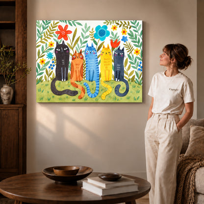 Garden cats canvas art shown in the gallery-wrapped option with natural side shading and warm surroundings.