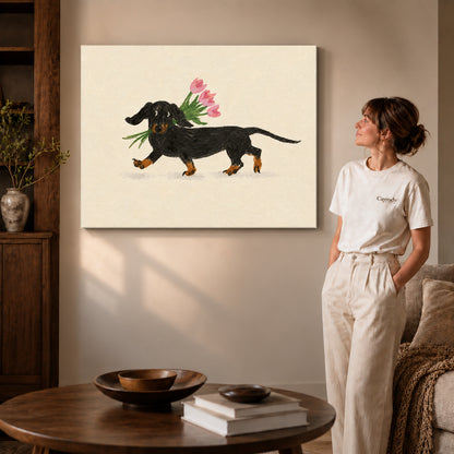 Dachshund tulips canvas art on gallery-wrapped canvas with natural edge shading beside a standing woman.
