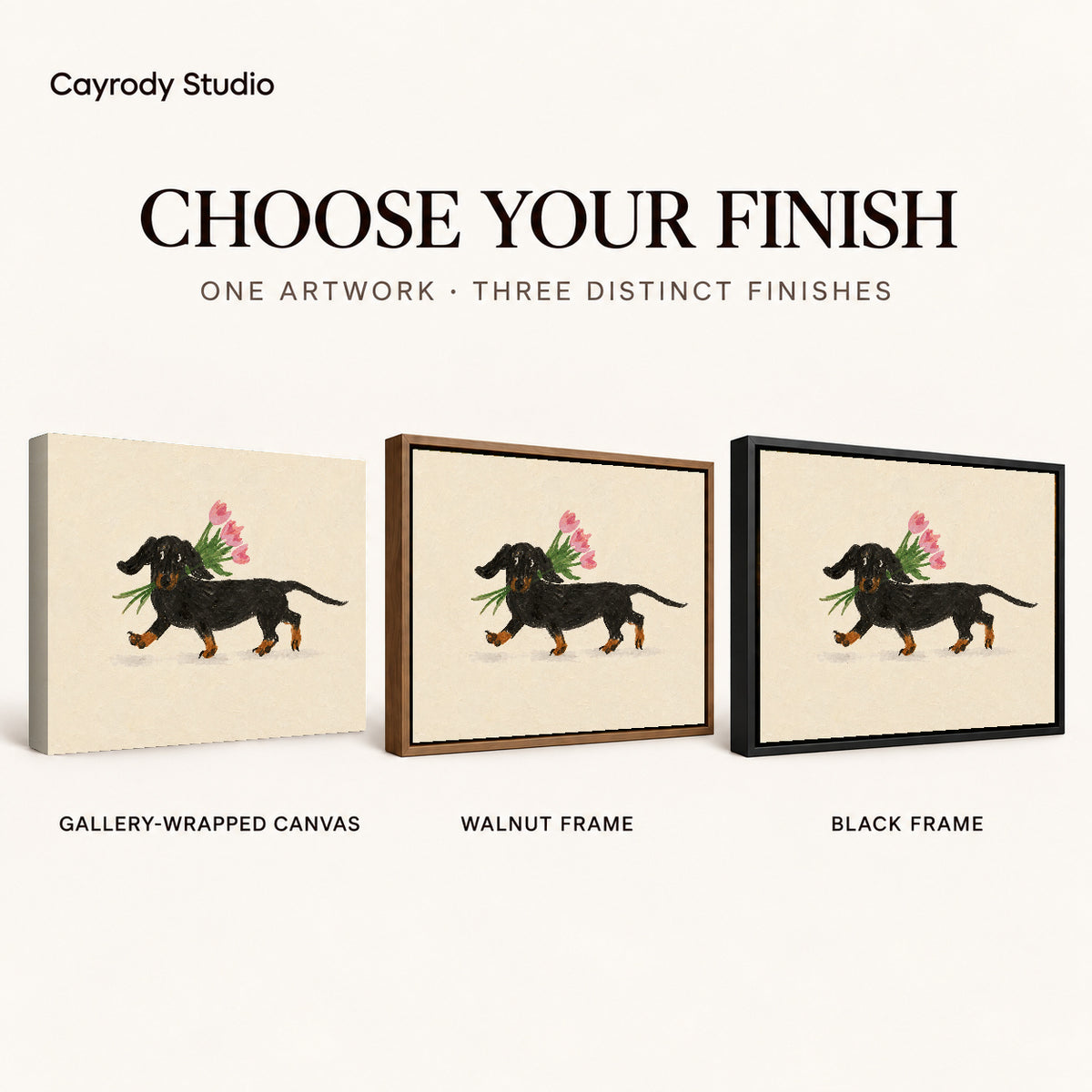 Dachshund tulips canvas art compared across gallery-wrapped canvas, walnut frame, and black frame finishes.