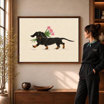 Dachshund tulips canvas art shown in the walnut frame option within a warm living room.
