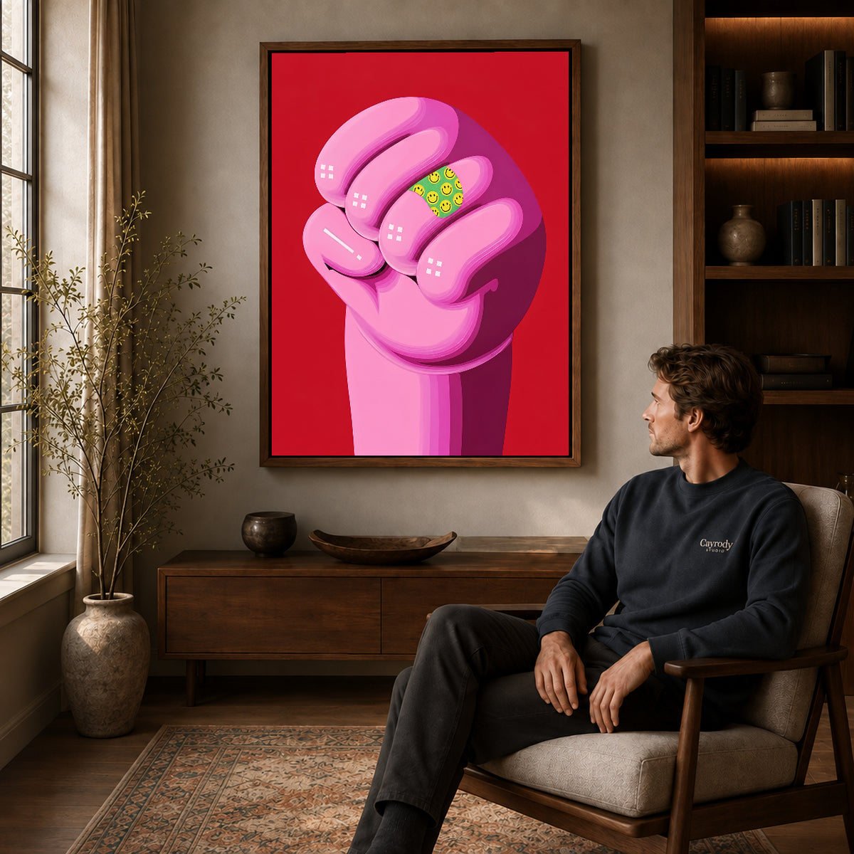 Pink Smiley Fist canvas art in a walnut frame above a console beside a seated man.