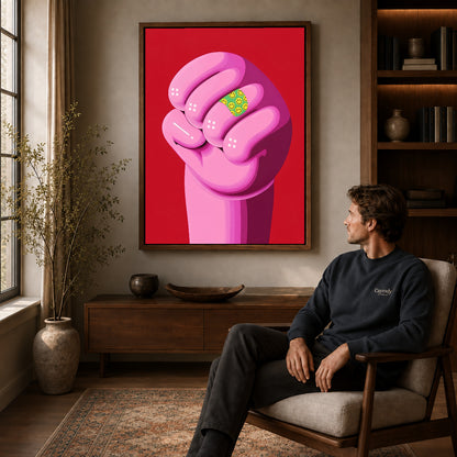Pink Smiley Fist canvas art in a walnut frame above a console beside a seated man.