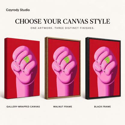 Pink Smiley Fist canvas art compared across gallery-wrapped canvas, walnut frame, and black frame finishes.