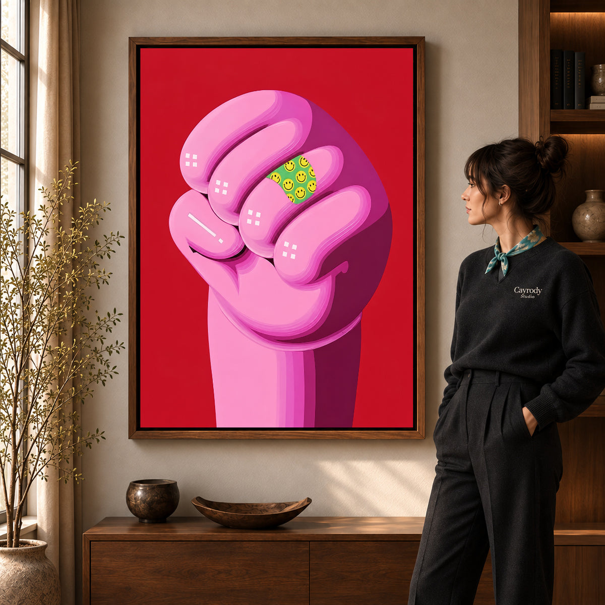 Pink Smiley Fist canvas art shown in the walnut frame option within a warm living room.