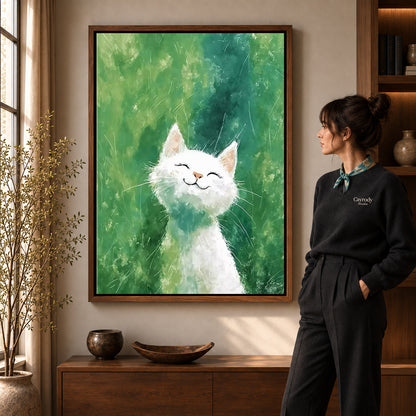 White cat canvas art in a walnut frame beside a standing woman and wooden console.