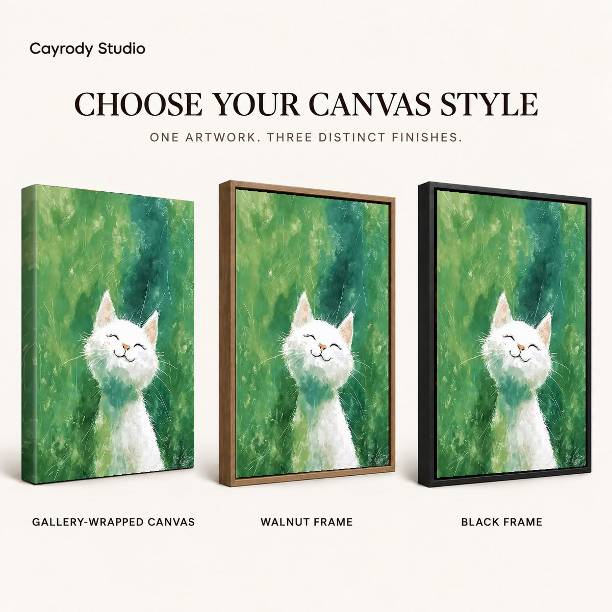 White cat canvas art compared across gallery-wrapped canvas, walnut frame, and black frame finishes.