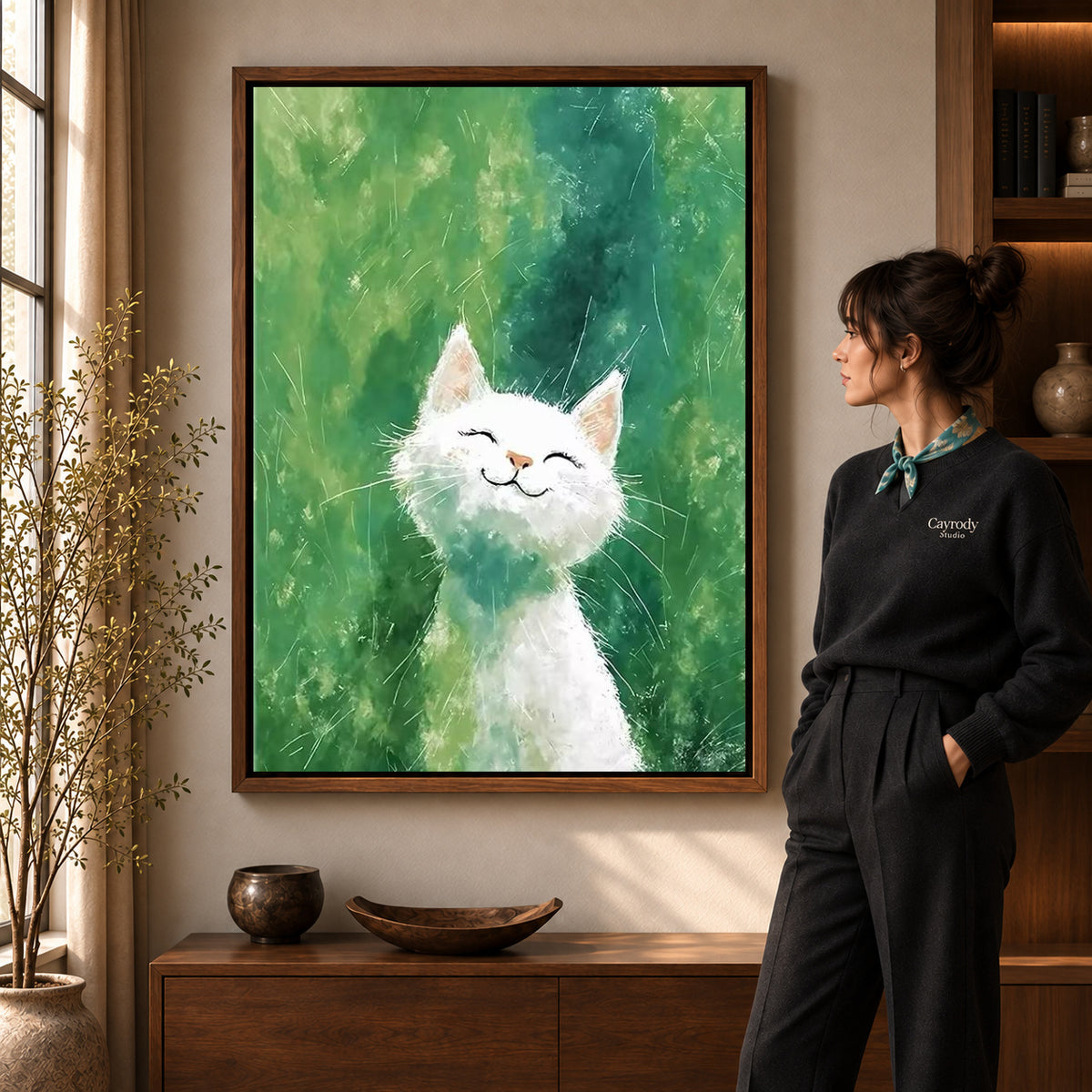 White cat canvas art shown in the walnut frame option within a warm living room.