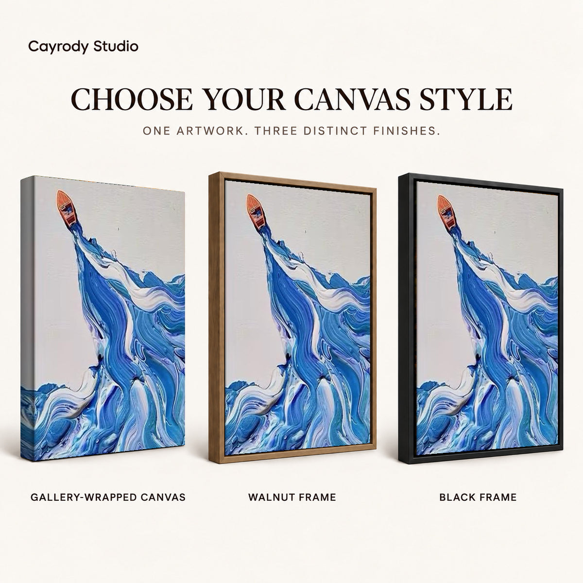 Blue wave canvas art compared across gallery-wrapped canvas, walnut frame, and black frame finishes.