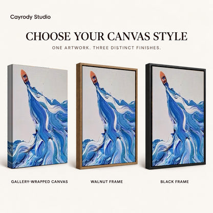 Blue wave canvas art compared across gallery-wrapped canvas, walnut frame, and black frame finishes.