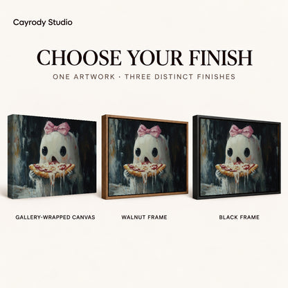 Pizza ghost canvas art compared across gallery-wrapped canvas, walnut frame, and black frame finishes.