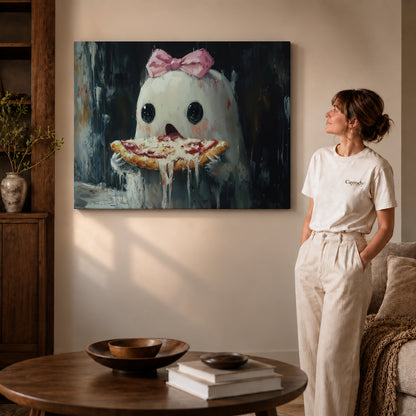 Pizza ghost canvas art shown in the gallery-wrapped option with natural side shading and warm surroundings.