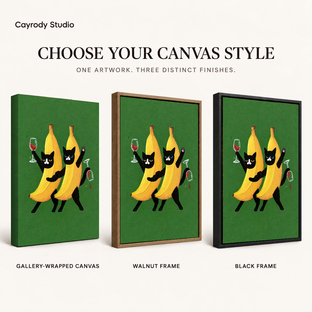 Banana cats canvas art compared across gallery-wrapped canvas, walnut frame, and black frame finishes.