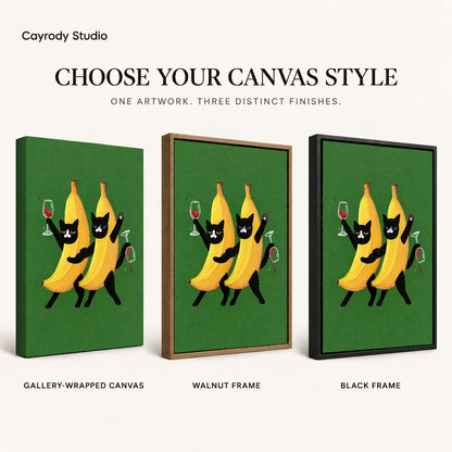 Banana cats canvas art compared across gallery-wrapped canvas, walnut frame, and black frame finishes.
