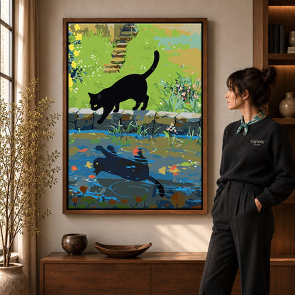 Black cat canvas art in a walnut frame beside a standing woman and wooden console.