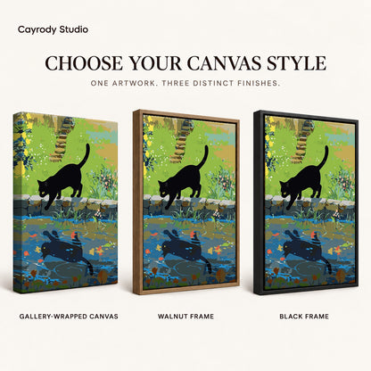 Black cat canvas art compared across gallery-wrapped canvas, walnut frame, and black frame finishes.