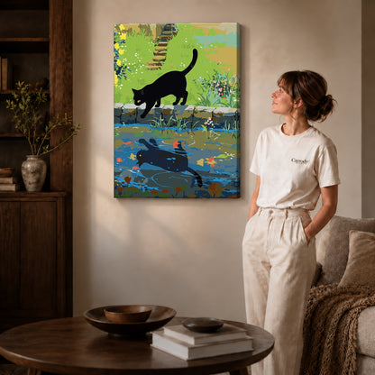 Black cat canvas art shown in the gallery-wrapped option with visible depth and warm surroundings.