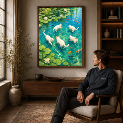 Cats lily pond canvas art in a walnut frame above a console beside a seated man.