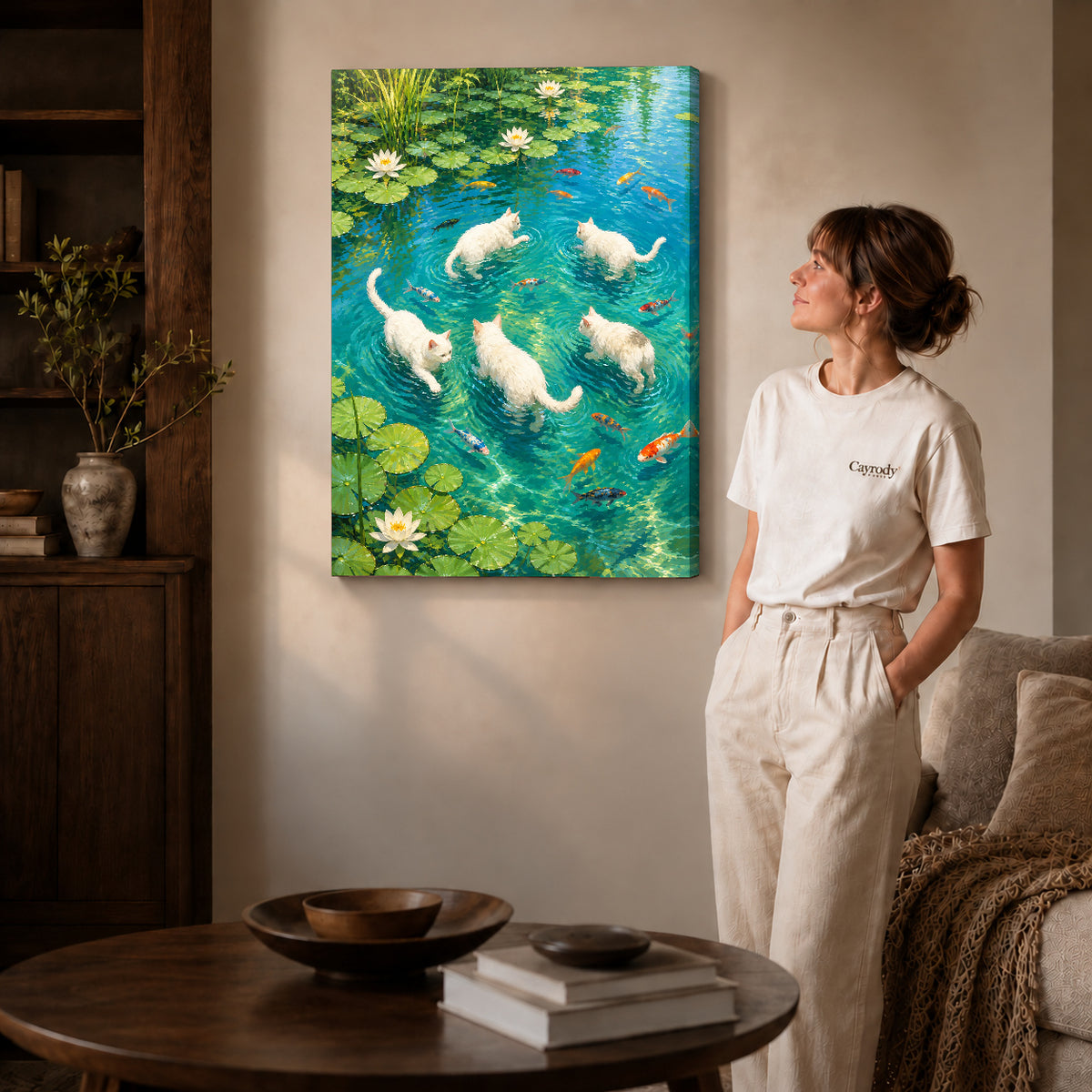 Cats lily pond canvas art on gallery-wrapped canvas with natural edge shading beside a standing woman.