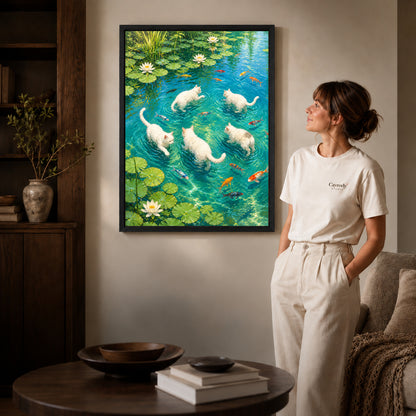 Cats lily pond canvas art in a black frame beside a woman and round wooden table.