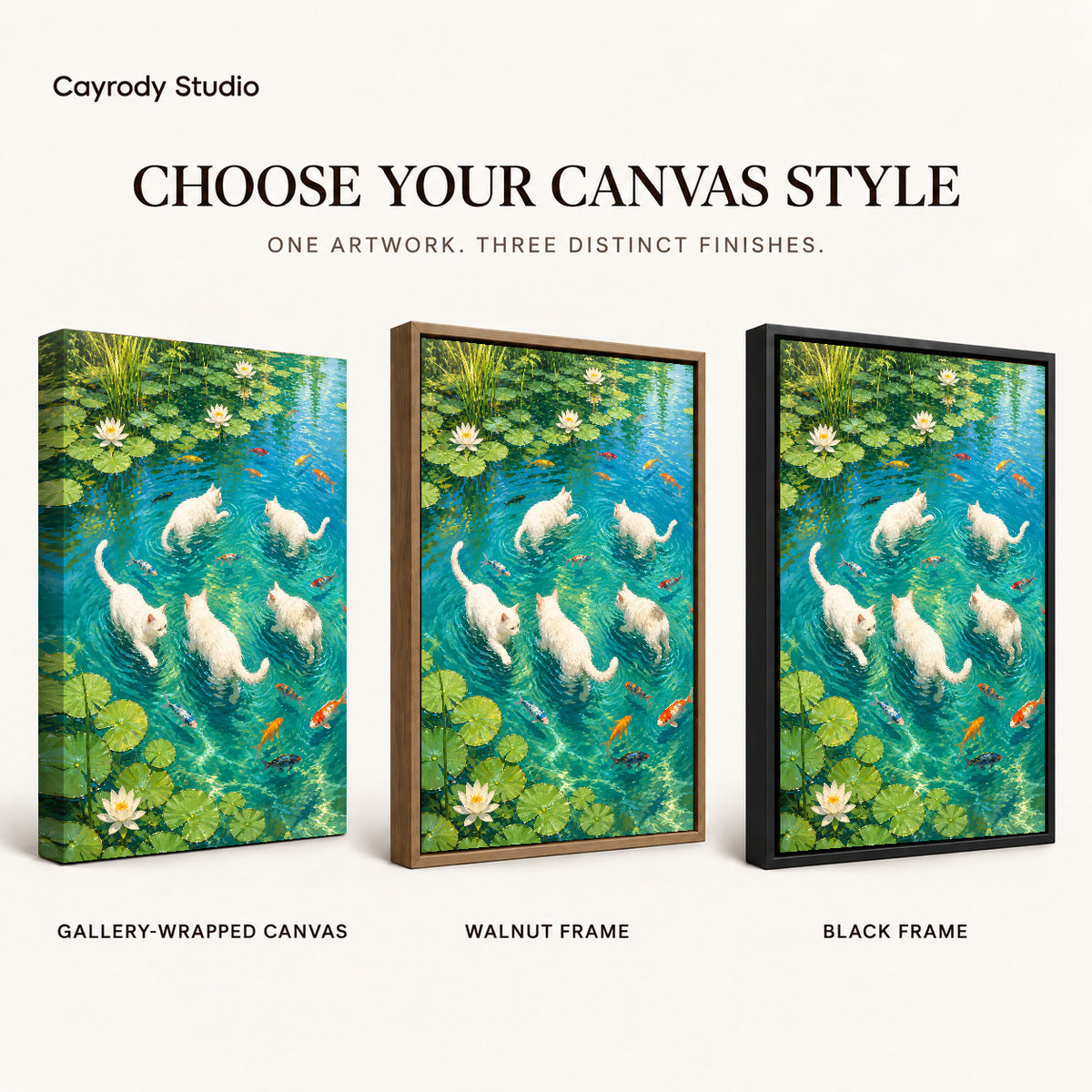 Cats lily pond canvas art compared across gallery-wrapped canvas, walnut frame, and black frame finishes.