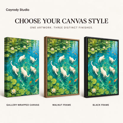 Cats lily pond canvas art compared across gallery-wrapped canvas, walnut frame, and black frame finishes.