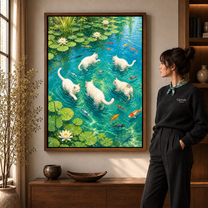 Cats lily pond canvas art shown in the walnut frame option within a warm living room.