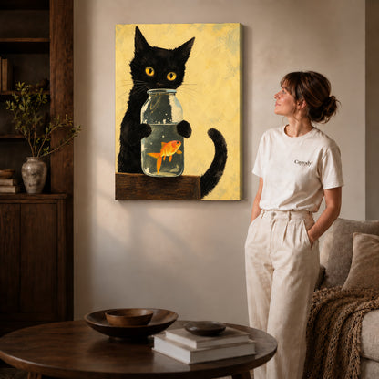 Black cat goldfish canvas art on gallery-wrapped canvas with visible depth beside a woman in a warm living room.