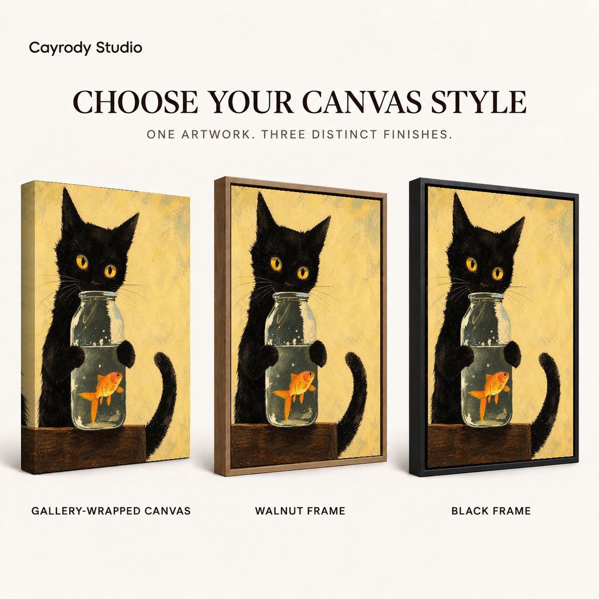 Black cat goldfish canvas art compared across gallery-wrapped canvas, walnut frame, and black frame finishes.