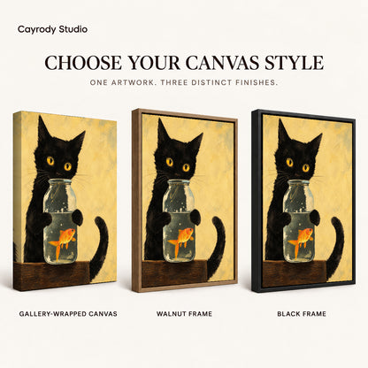 Black cat goldfish canvas art compared across gallery-wrapped canvas, walnut frame, and black frame finishes.