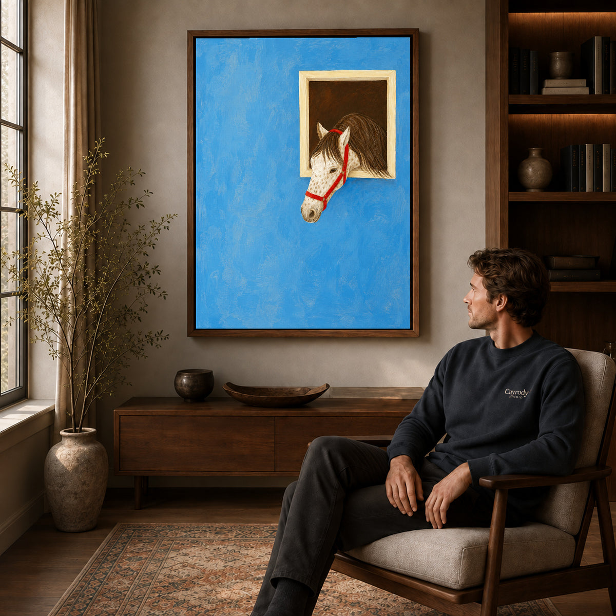 Horse canvas art in a walnut frame above a console beside a seated man.
