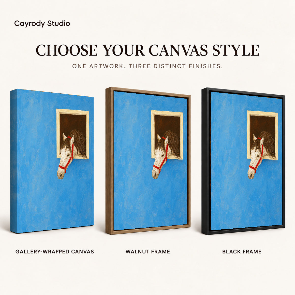 Horse canvas art compared across gallery-wrapped canvas, walnut frame, and black frame finishes.