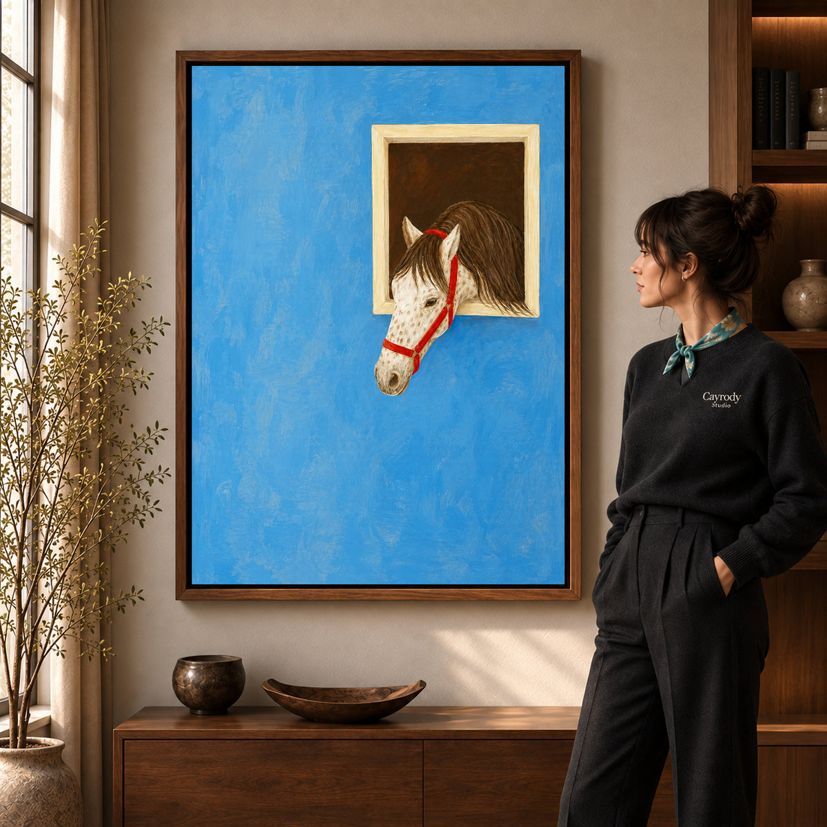 Horse canvas art shown in the walnut frame option within a warm living room.