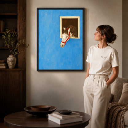 Horse canvas art shown in the black frame option against a softly lit wall.