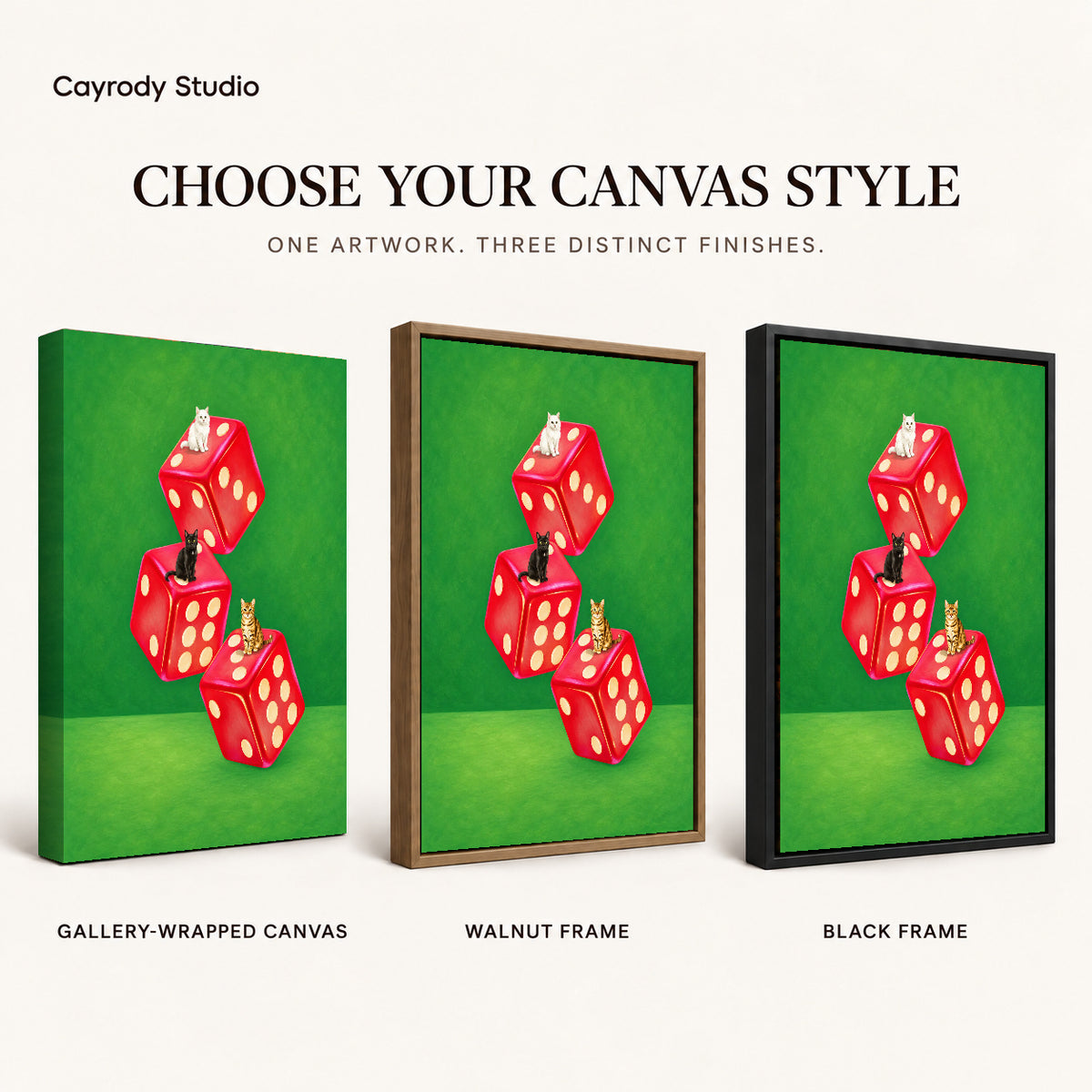 Cats and dice canvas art compared across gallery-wrapped canvas, walnut frame, and black frame finishes.