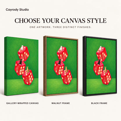Cats and dice canvas art compared across gallery-wrapped canvas, walnut frame, and black frame finishes.