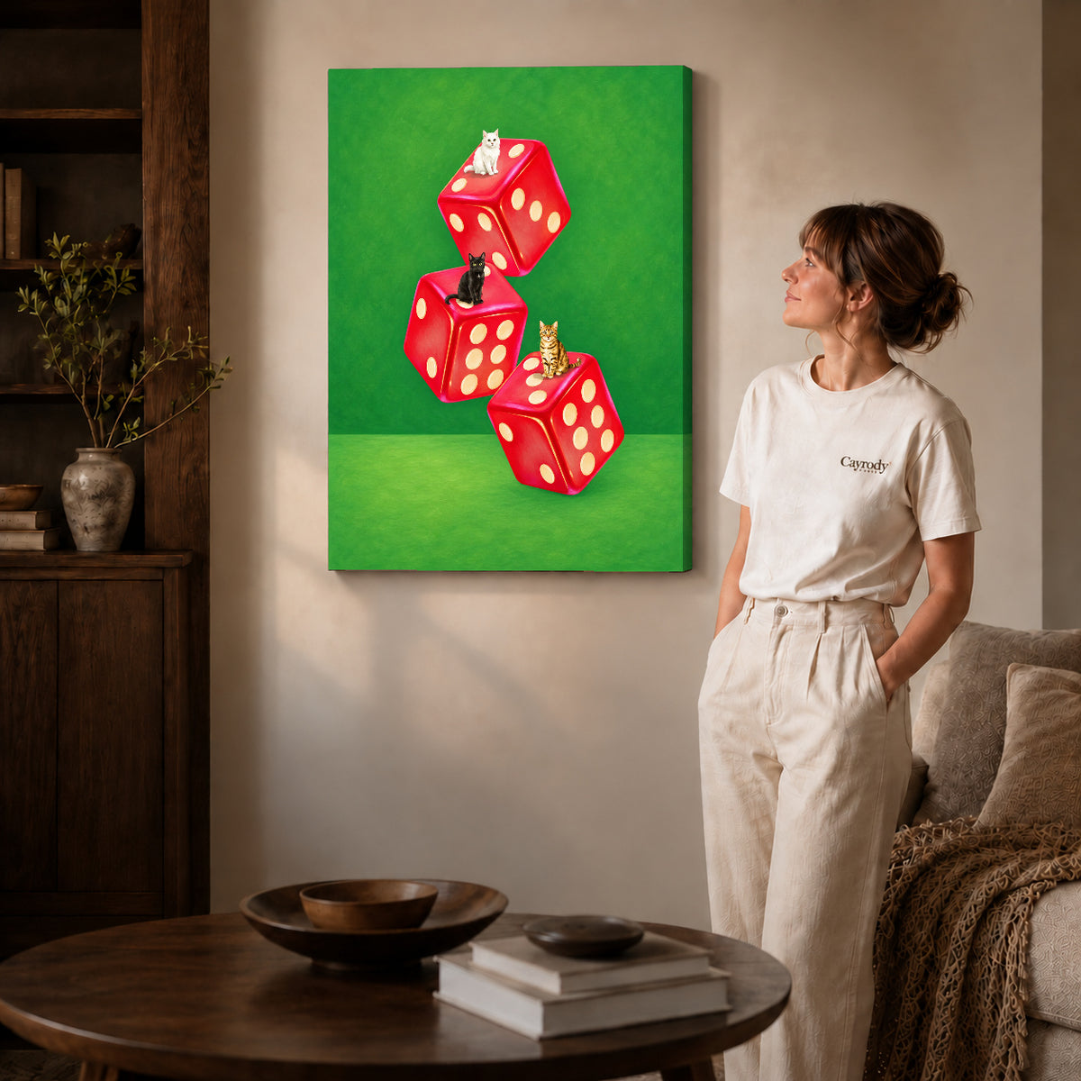 Cats and dice canvas art shown in the gallery-wrapped option with visible depth and warm surroundings.